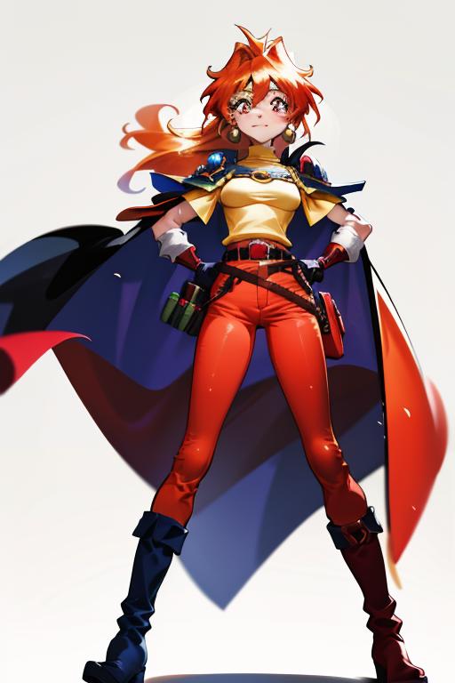 00009-2046245081-lina inverse, orange hair, red eyes, cape, pauldrons, red pants, yellow shirt, gloves, boots, belt, hands on own hips, masterpie.png